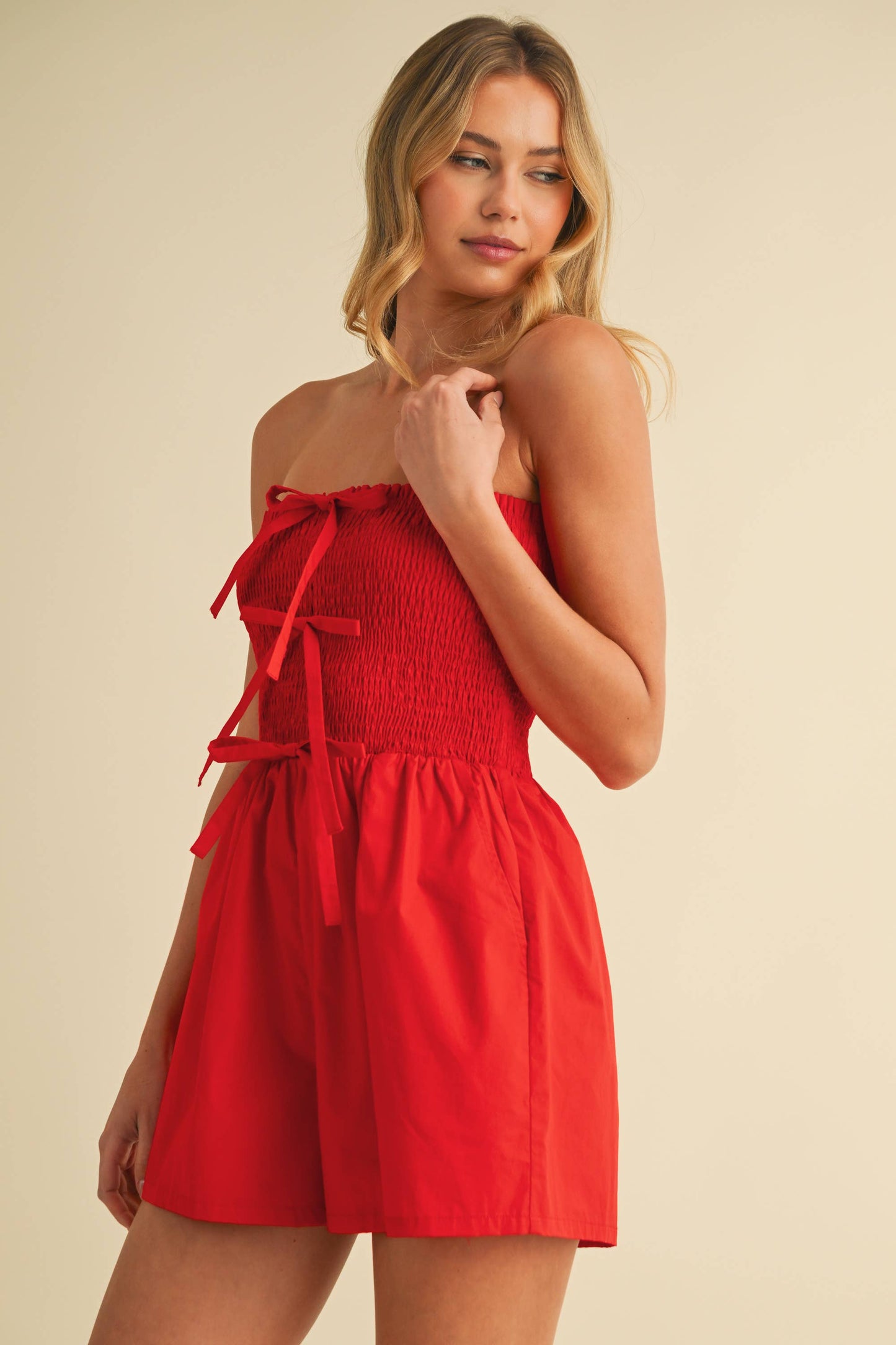 Strapless Smocked Bow Detailed Romper