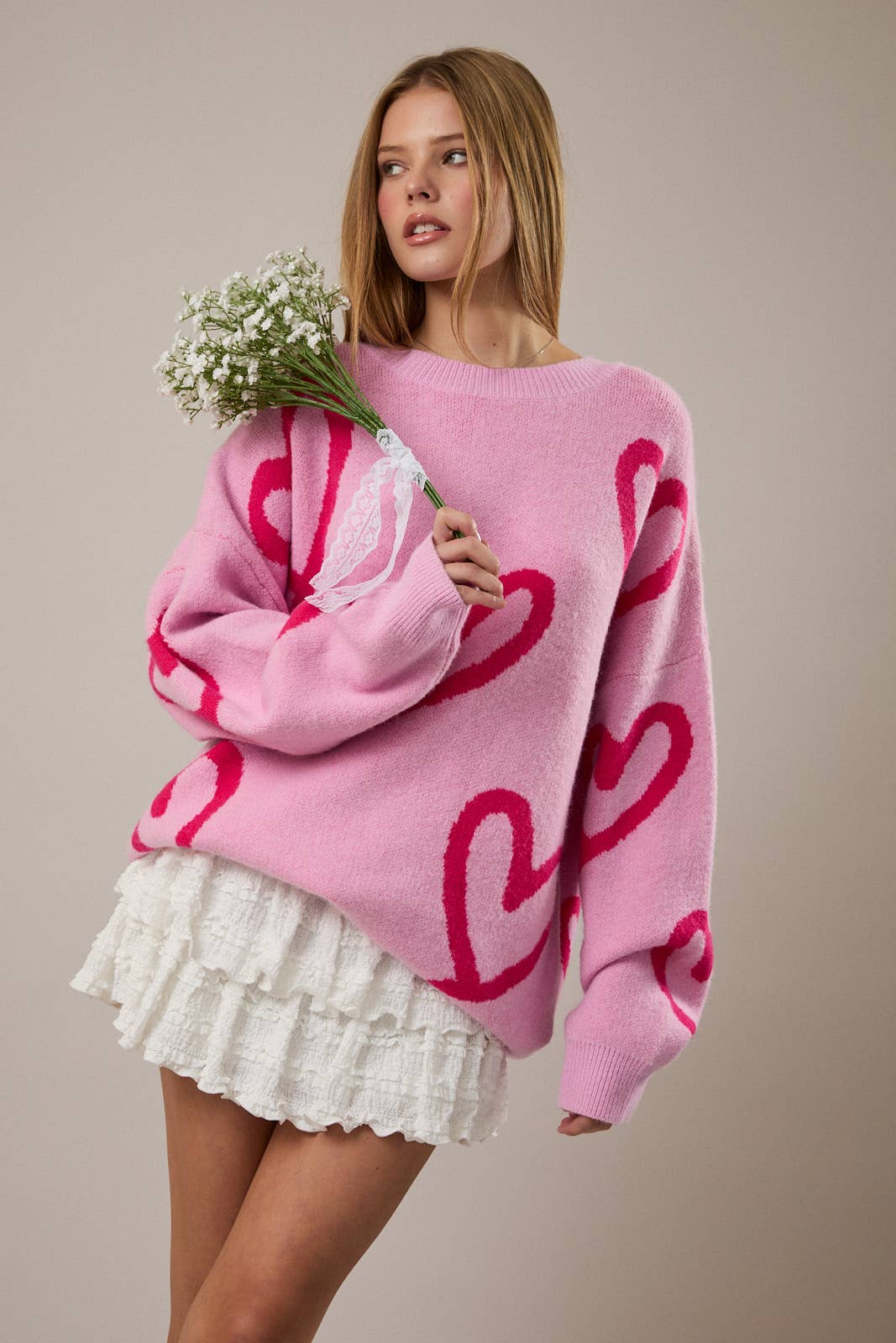 Long Sleeve Round Neck Heart Printed Sweater