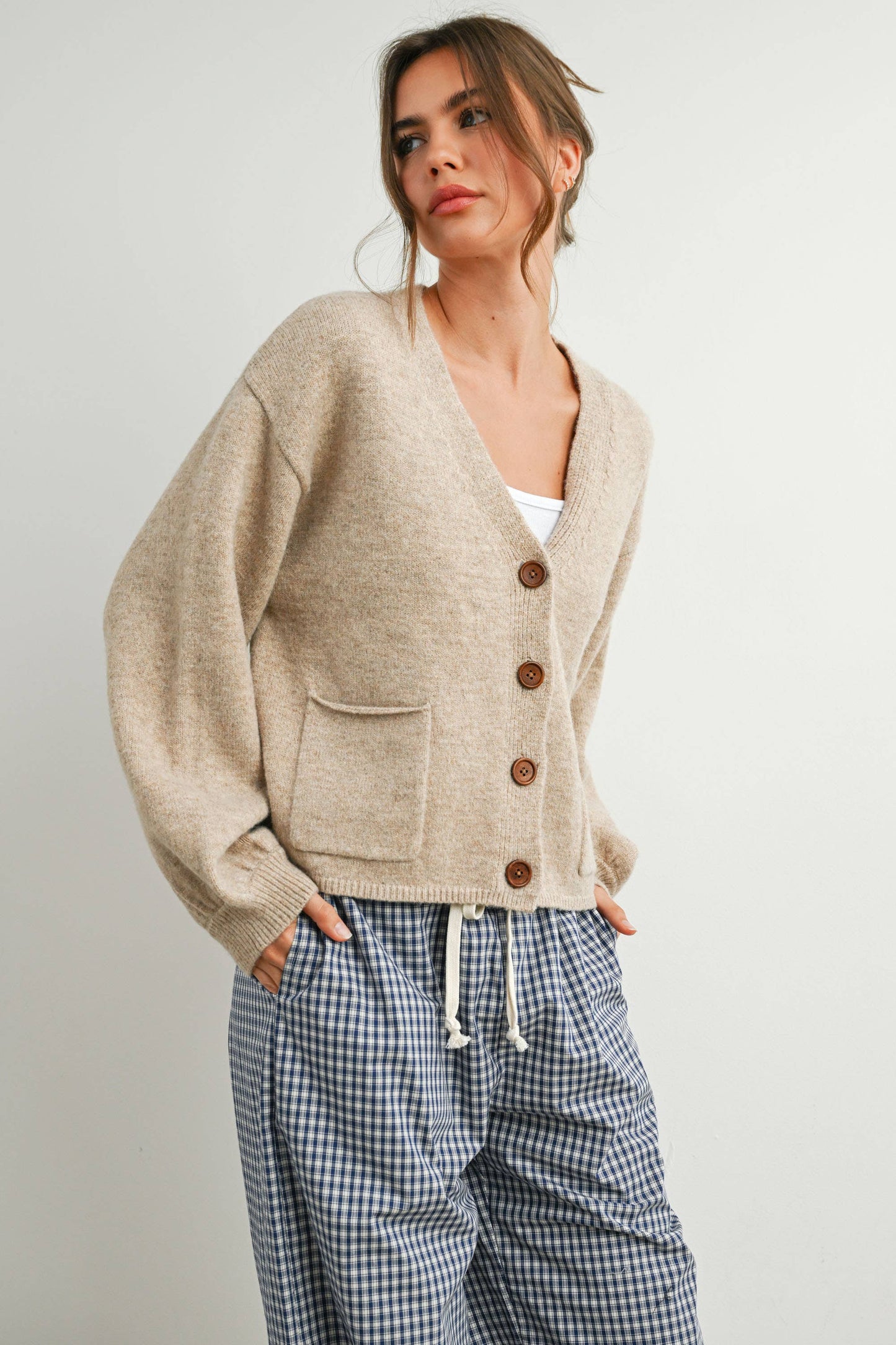 V-Neck Cuff Button-Up Long Sleeve Top