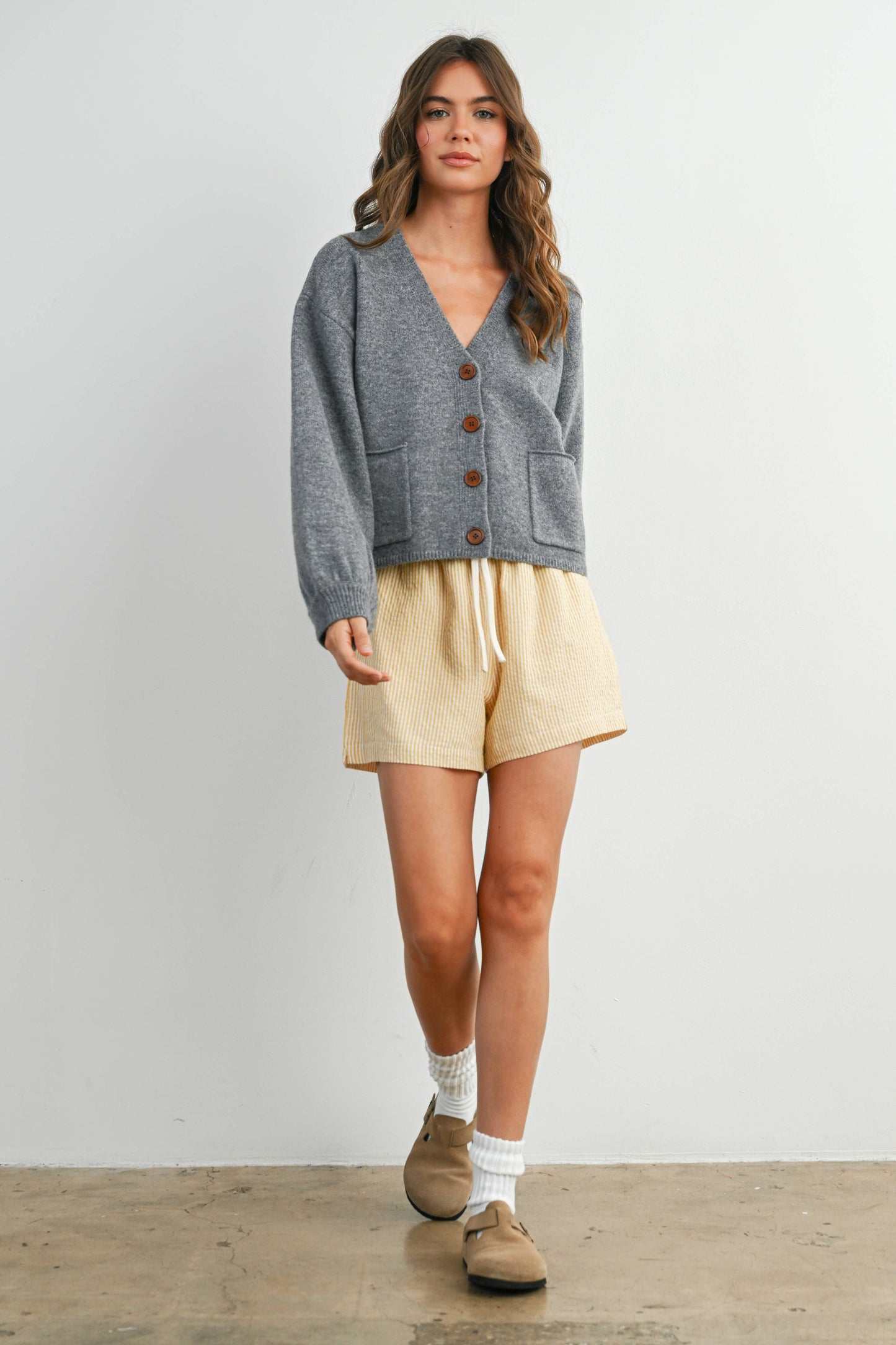 V-Neck Cuff Button-Up Long Sleeve Top