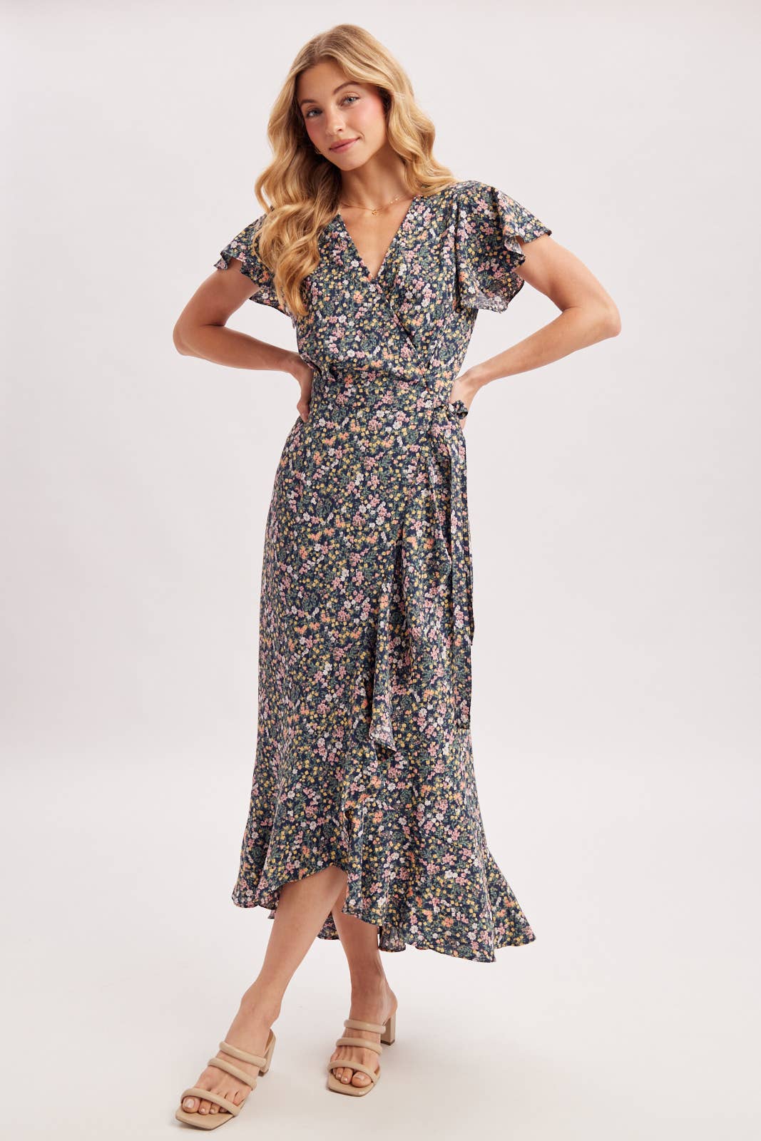 Floral Print Ruffled Hem Wrap Maxi Dress