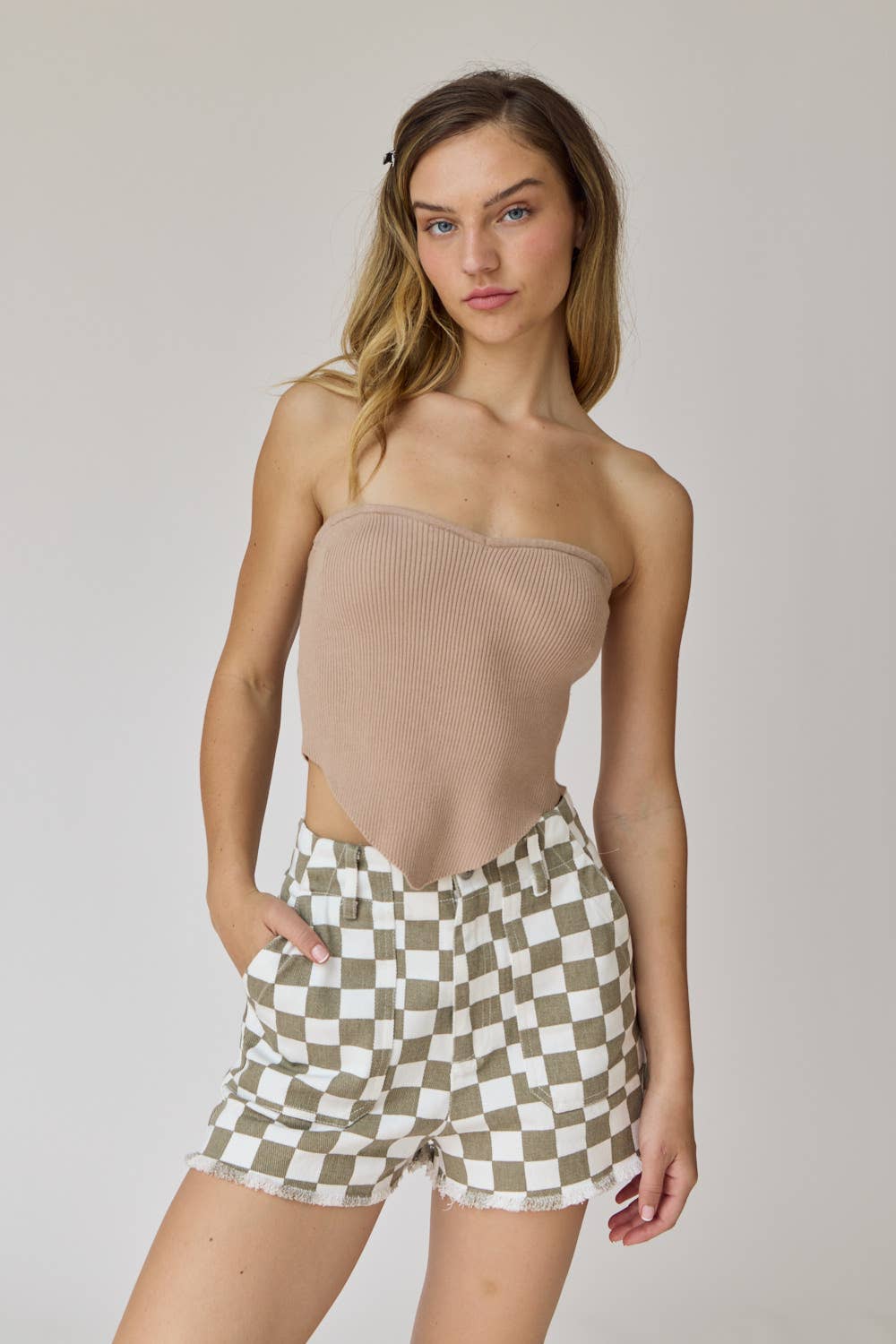 Red & White Checkerboard Frayed Hem Denim Shorts