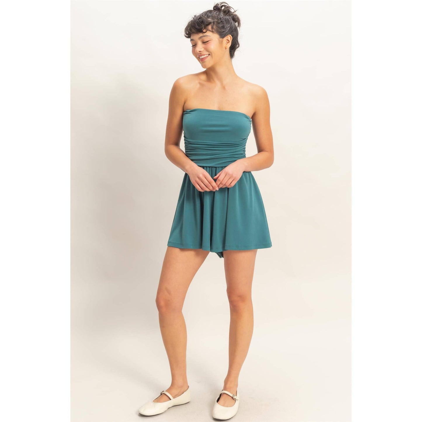 Strapless Shirred Waist Romper