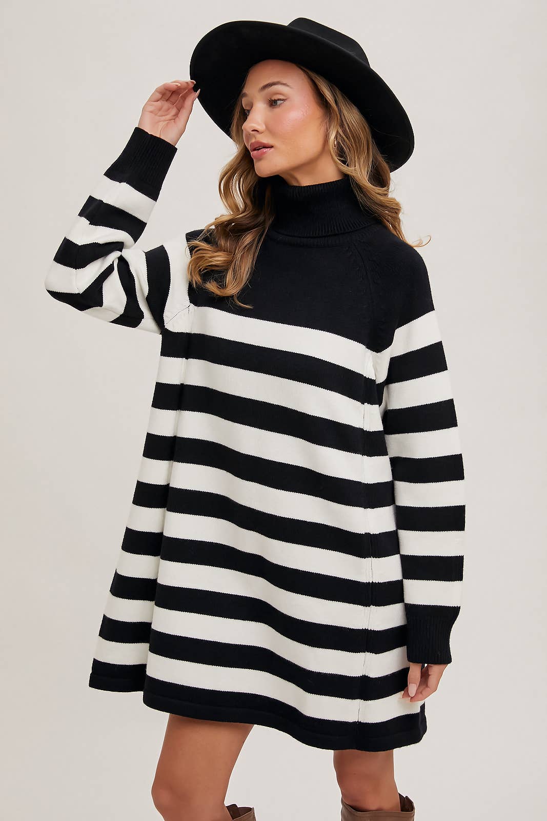 Striped Turtle Neck Knit Sweater Dress