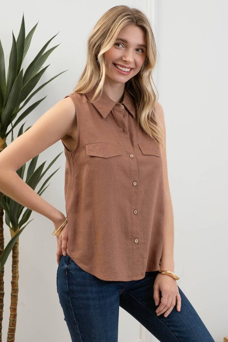 Collared Button Down Sleeveless Shirt