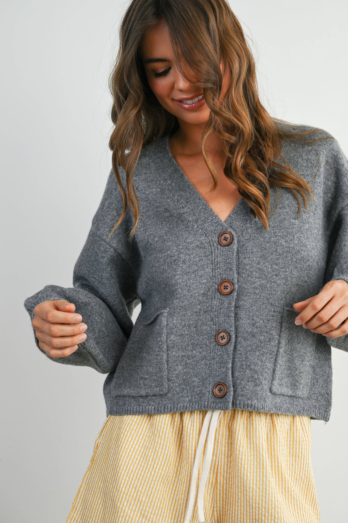 V-Neck Cuff Button-Up Long Sleeve Top