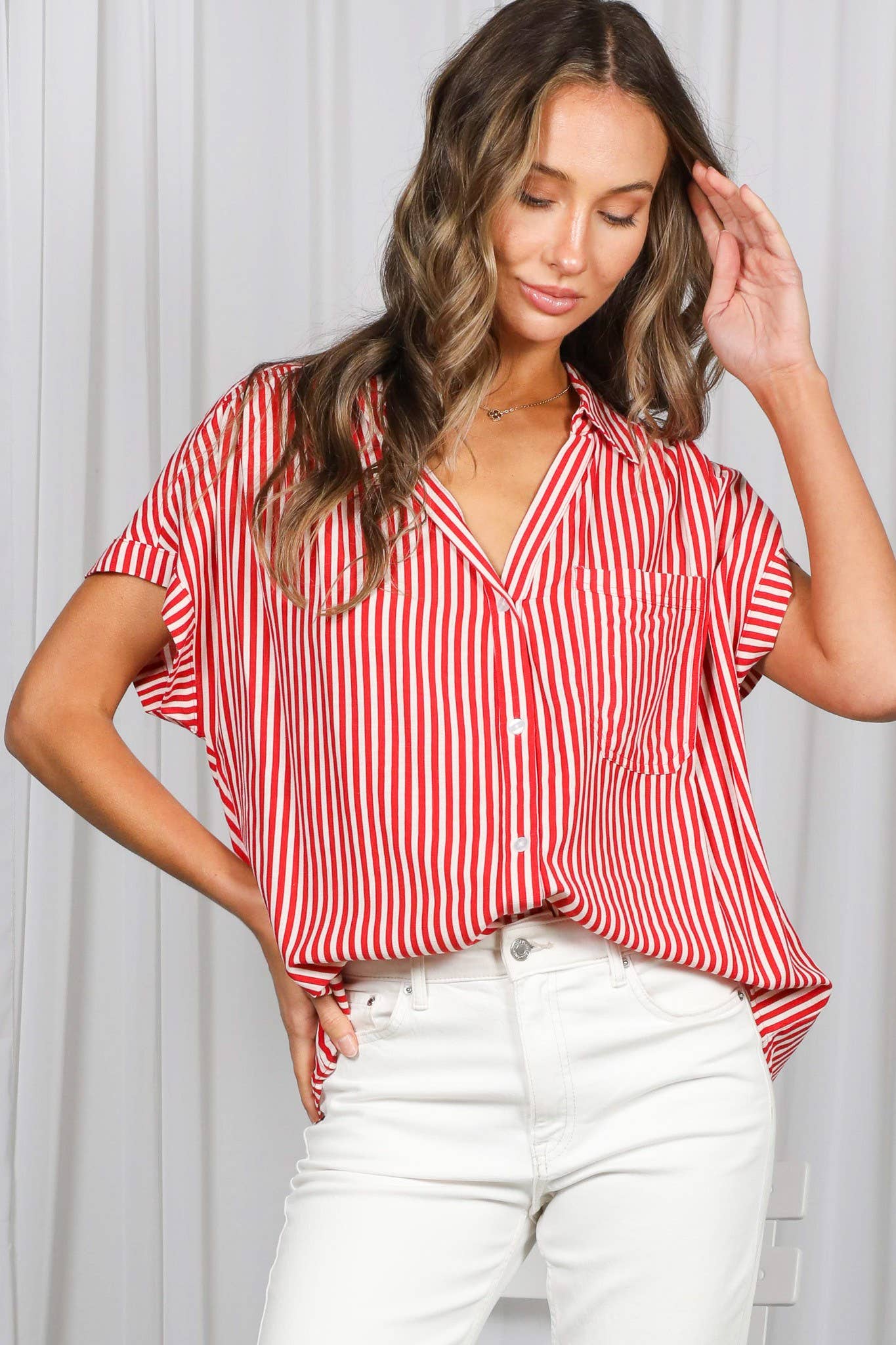 Red Striped Button Down Relaxed Shirt