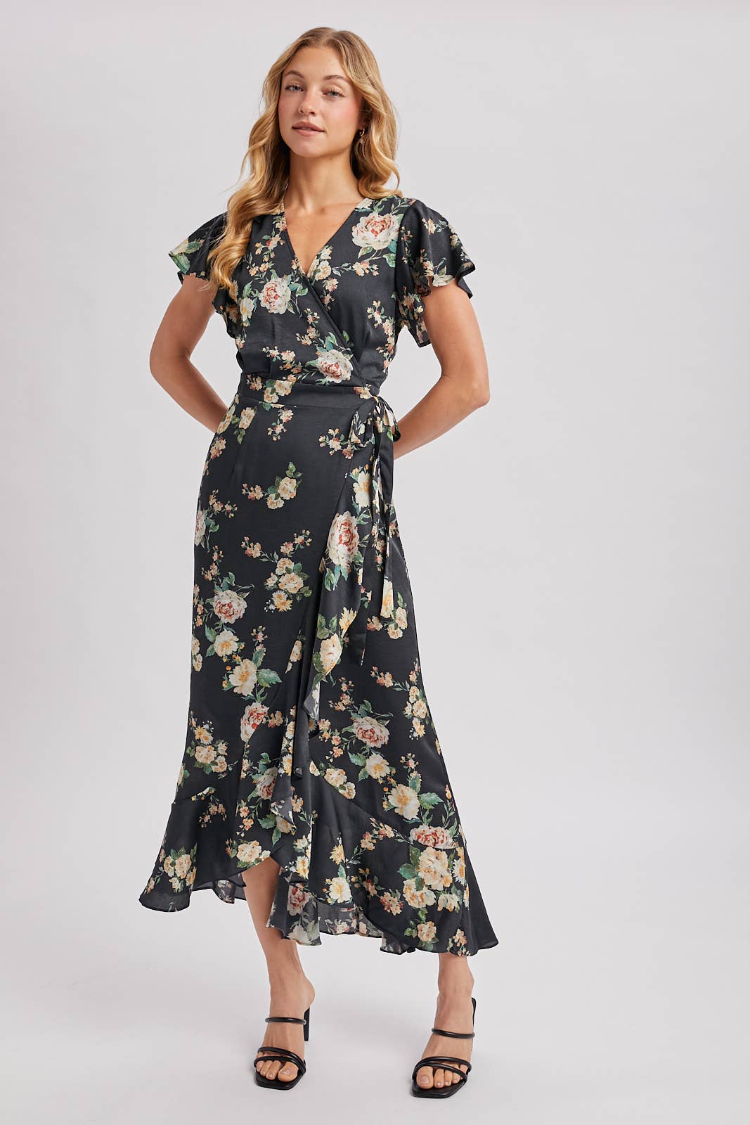 Floral Print Ruffled Wrap Maxi Dress