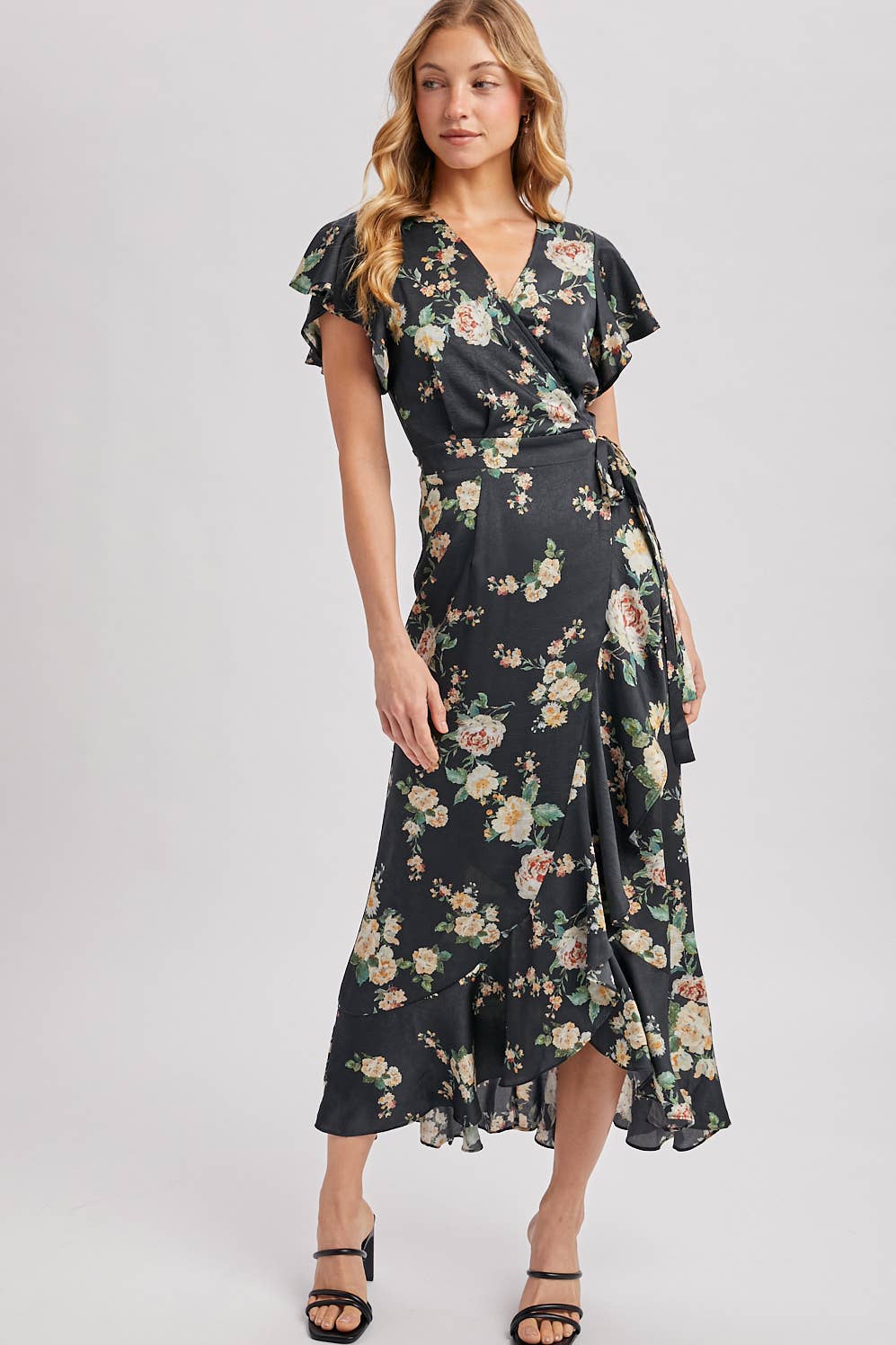 Floral Print Ruffled Wrap Maxi Dress