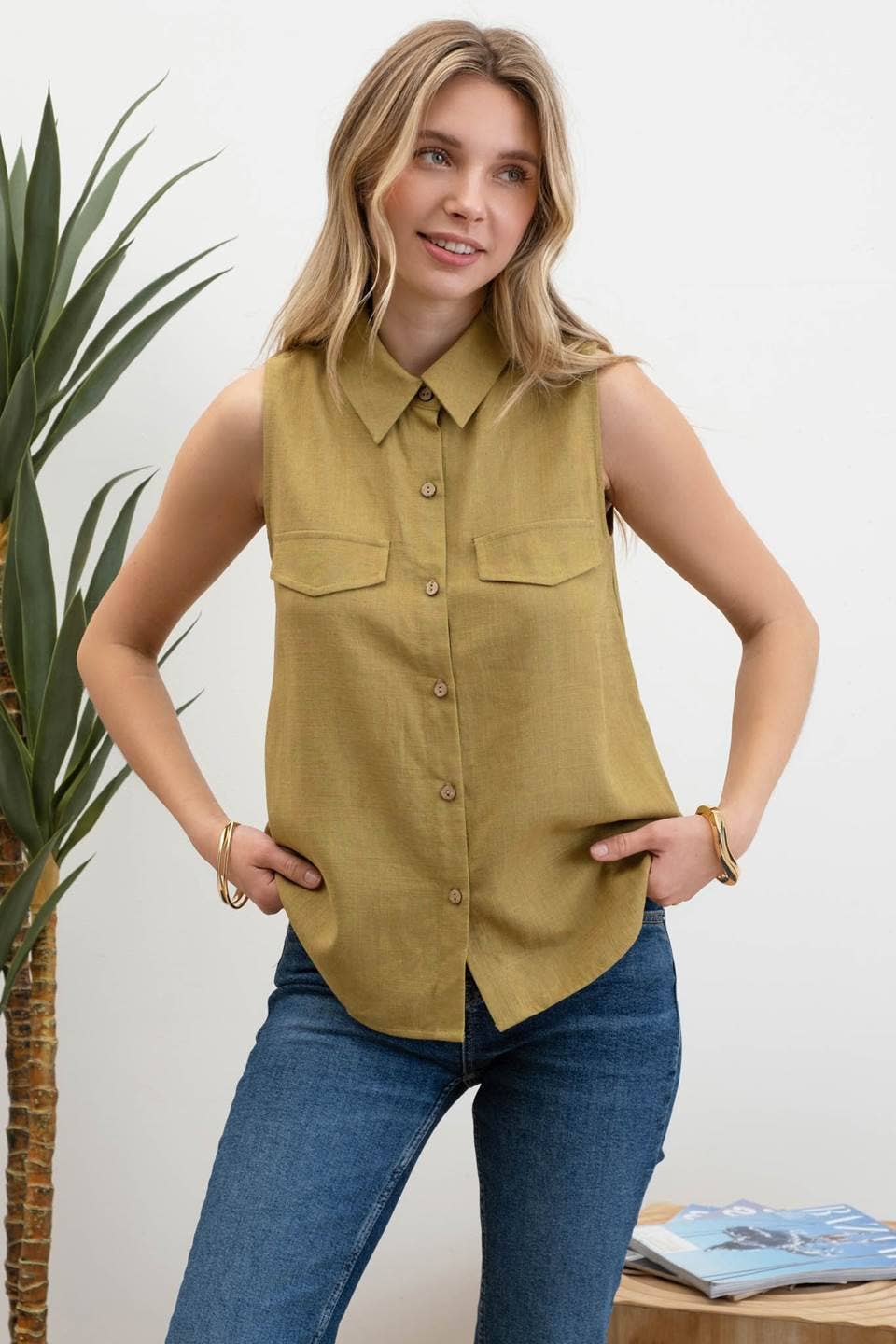 Collared Button Down Sleeveless Shirt