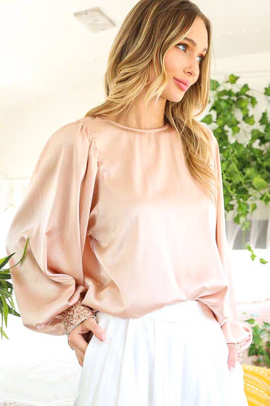 Sequin Cuff Accent Crew Neck Satin Blouse Top