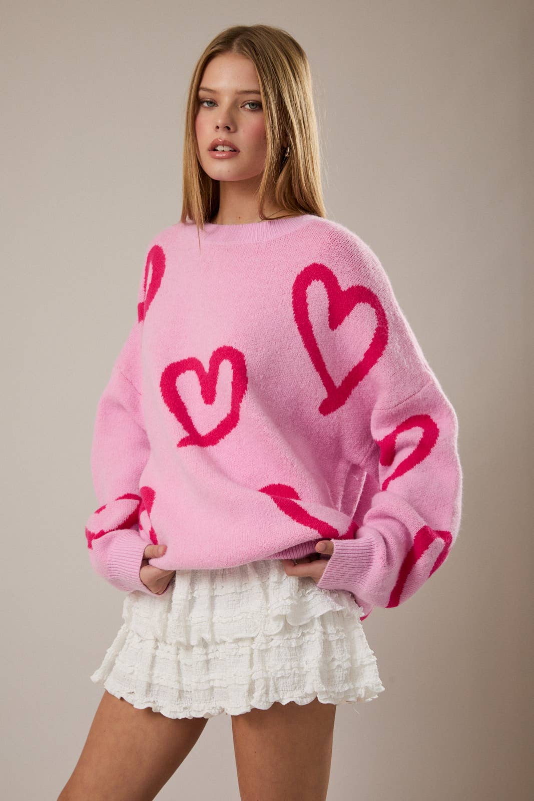 Long Sleeve Round Neck Heart Printed Sweater