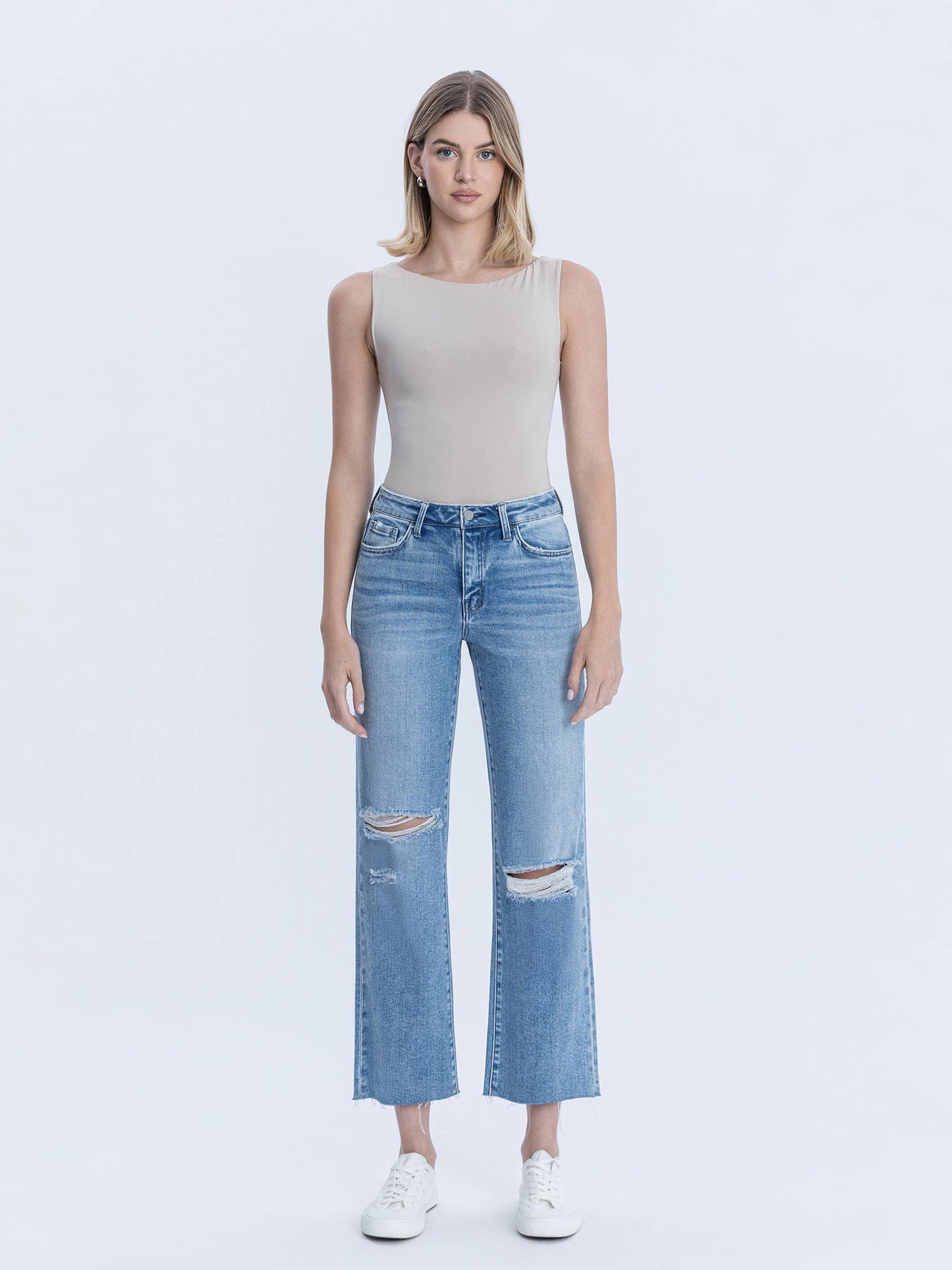 High Rise Raw Hem Crop Slim Wide Jeans