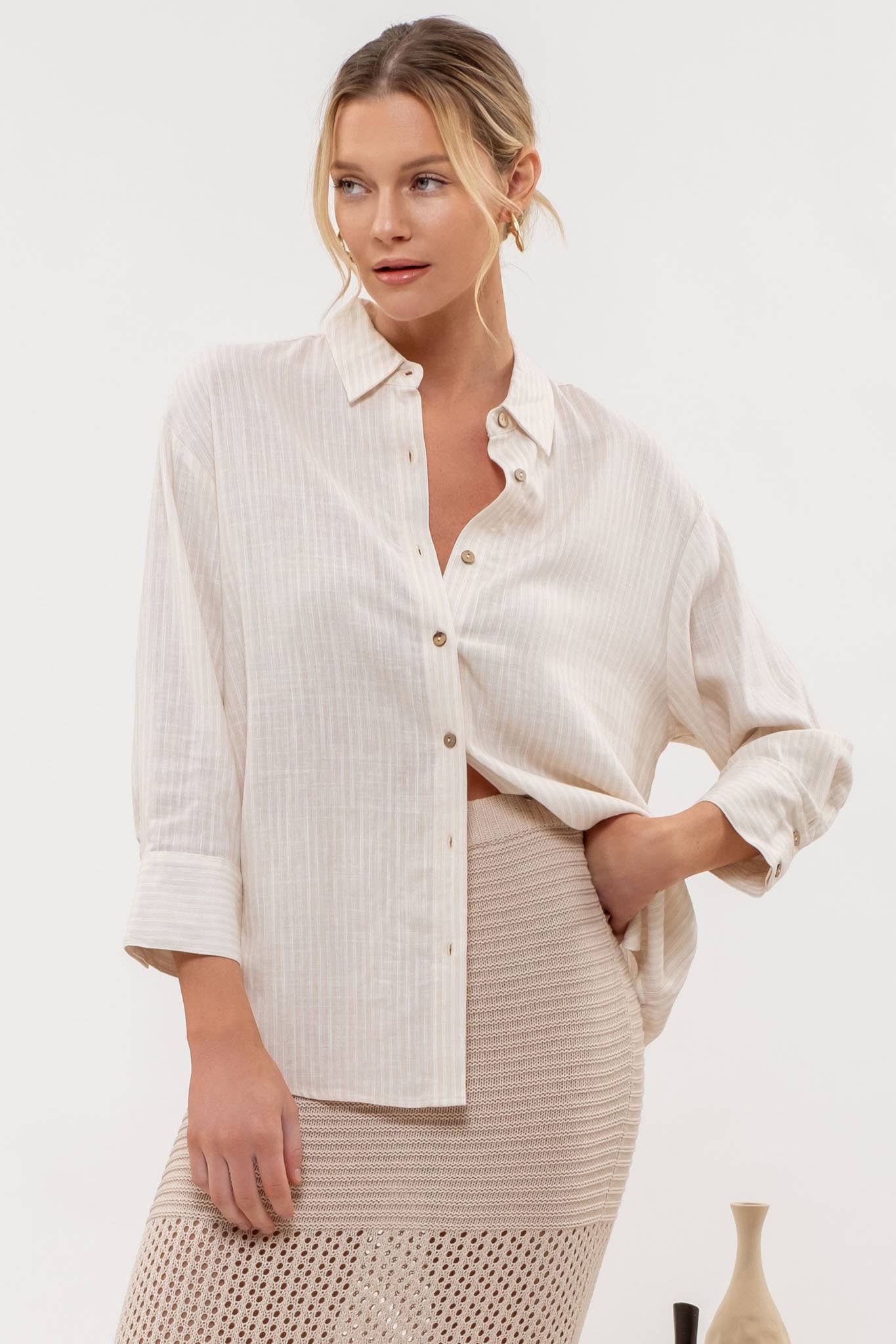 Stripe Collared Button Down Tab Sleeve Shirt