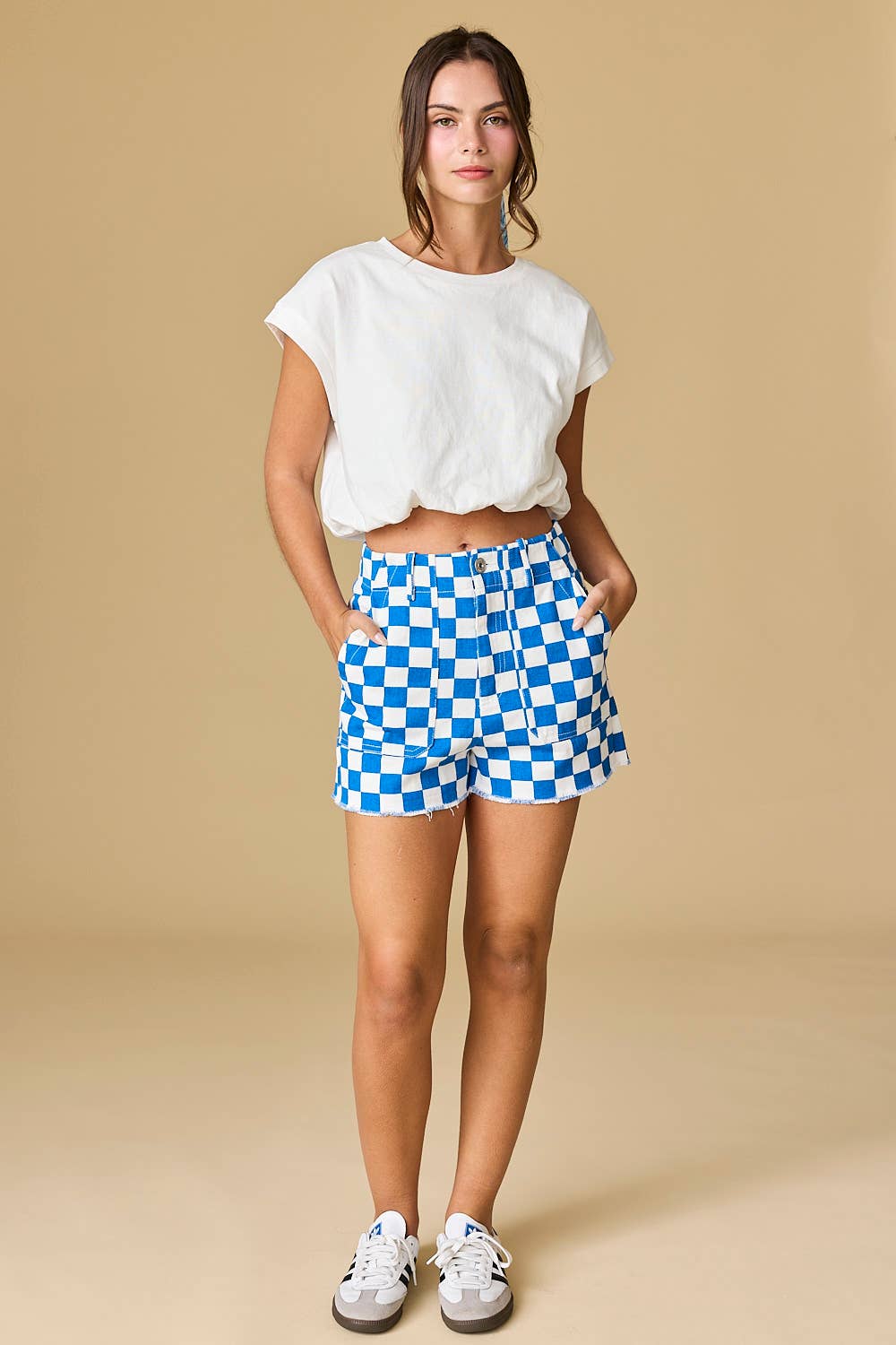 Red & White Checkerboard Frayed Hem Denim Shorts