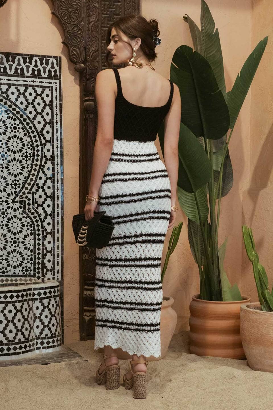 Contrast Stripe Crochet Knit Midi Dress