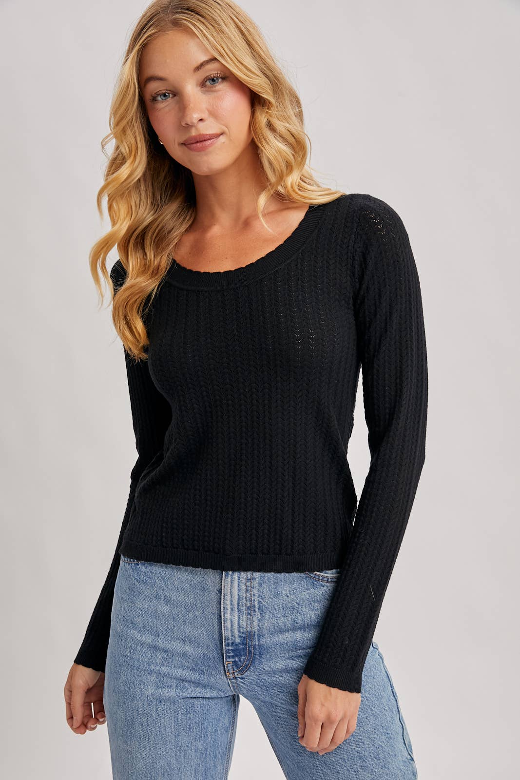 Long Sleeved Pointelle Knit Top