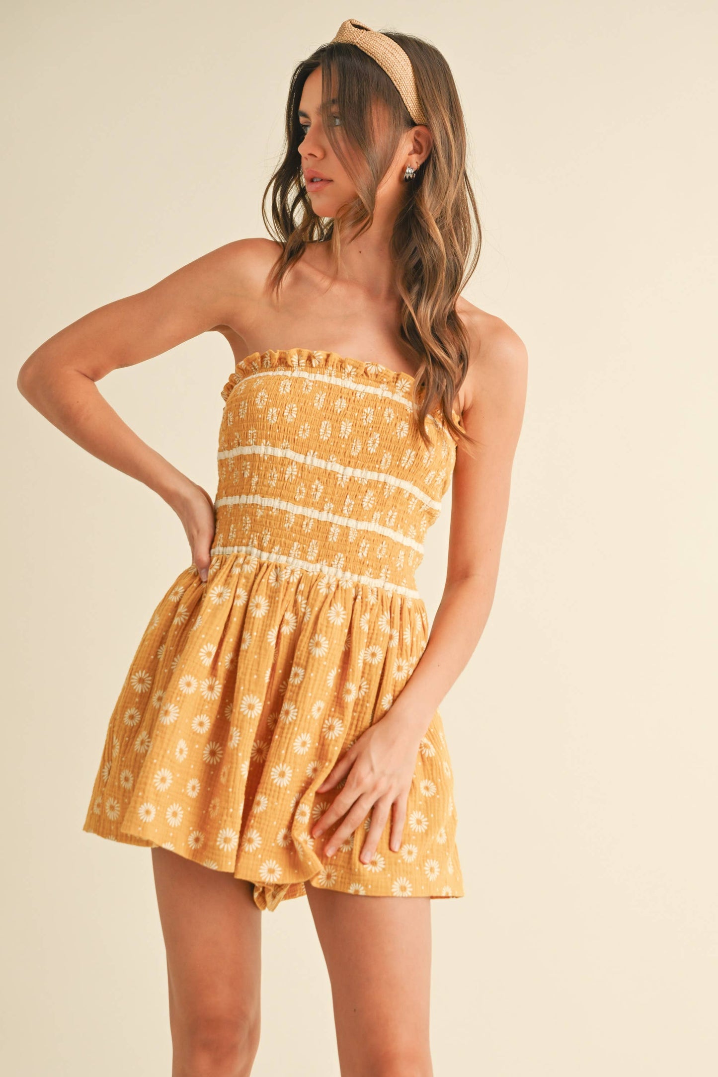 Floral Tube Ruffled Smocking Romper with Pockets