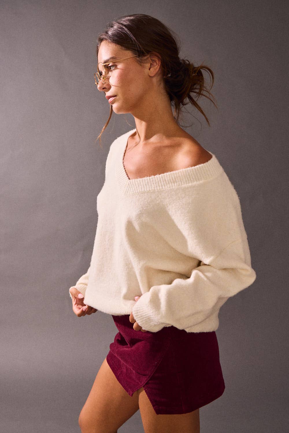 Brushed Knit V-Neck Long Sleeve Pullover