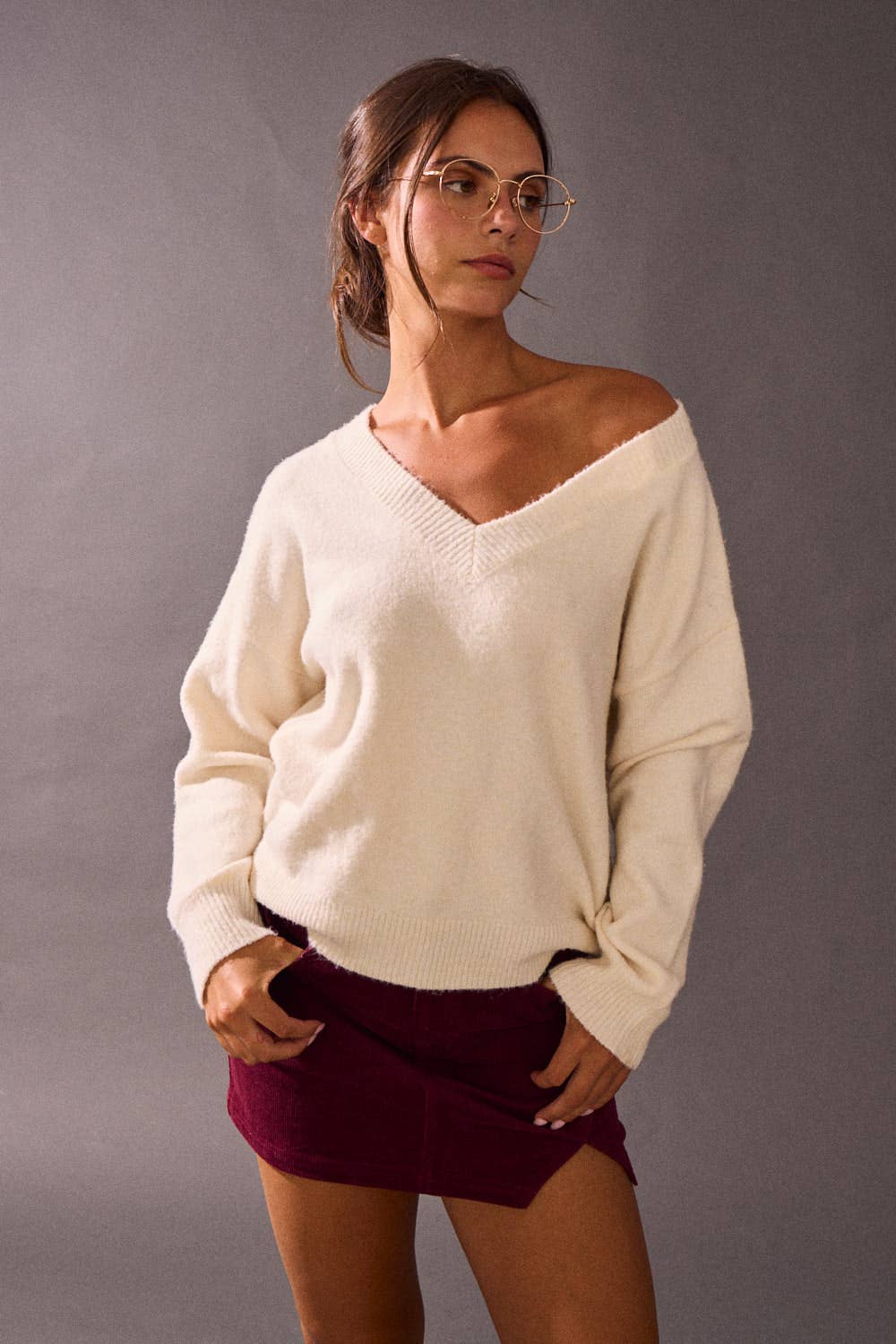 Brushed Knit V-Neck Long Sleeve Pullover