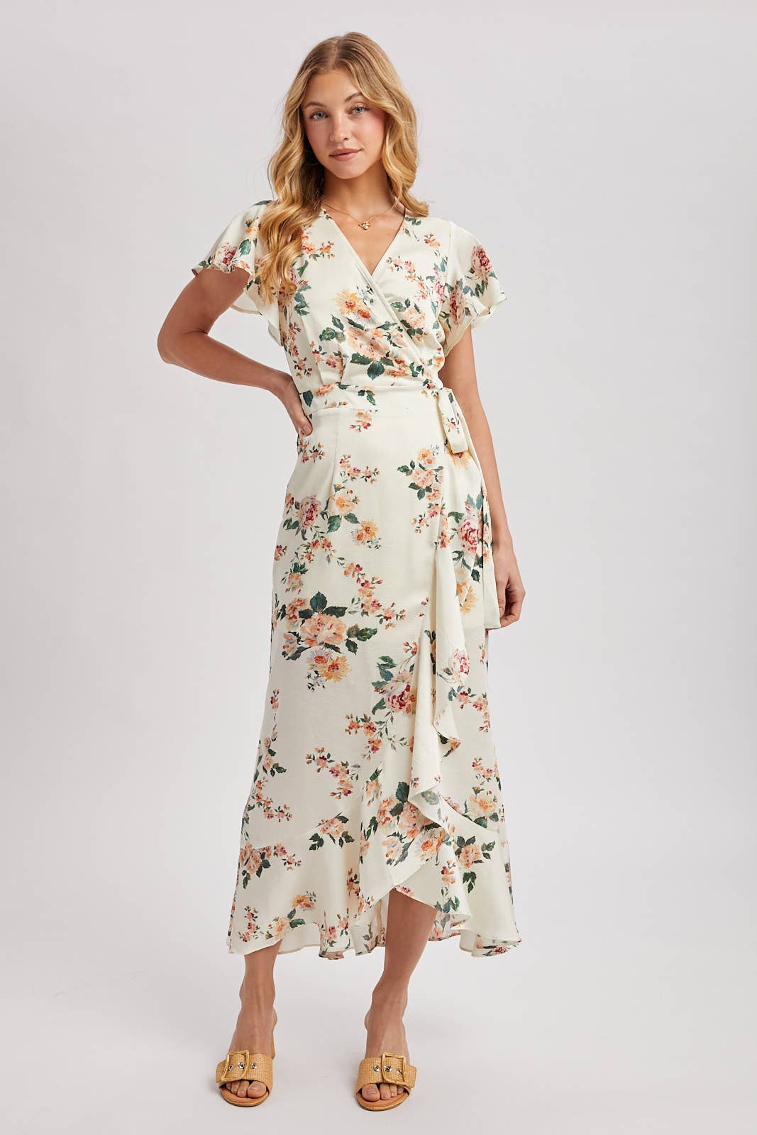 Floral Print Ruffled Wrap Maxi Dress