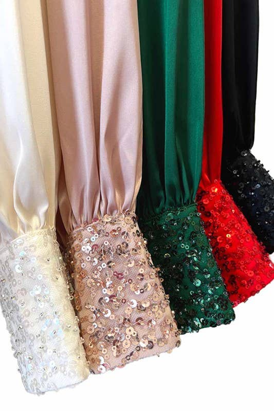 Sequin Cuff Accent Crew Neck Satin Blouse Top