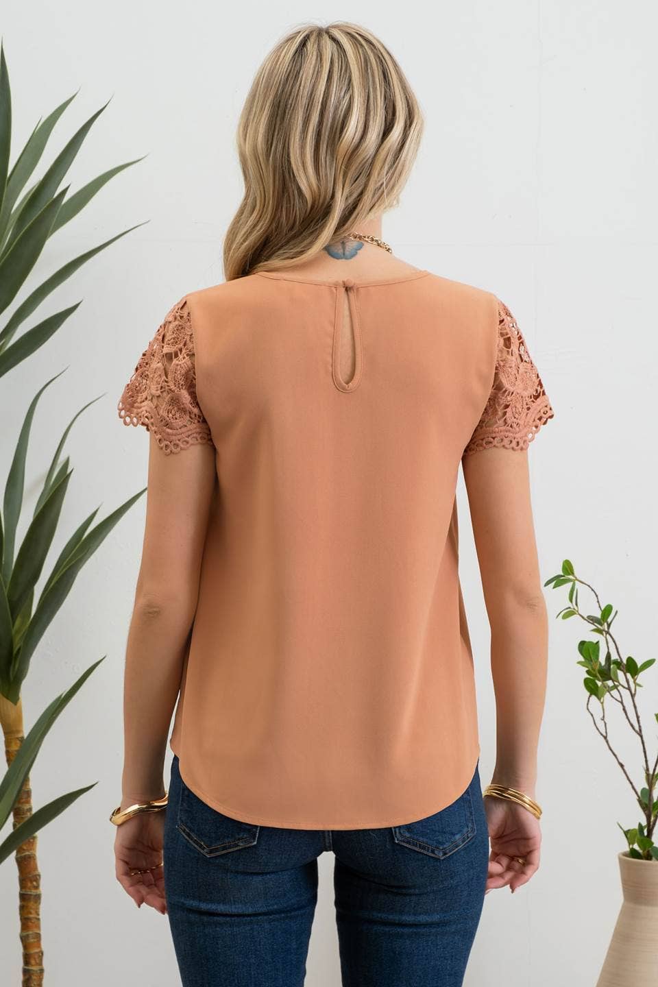 Keyhole Eyelet Lace Sleeve Blouse