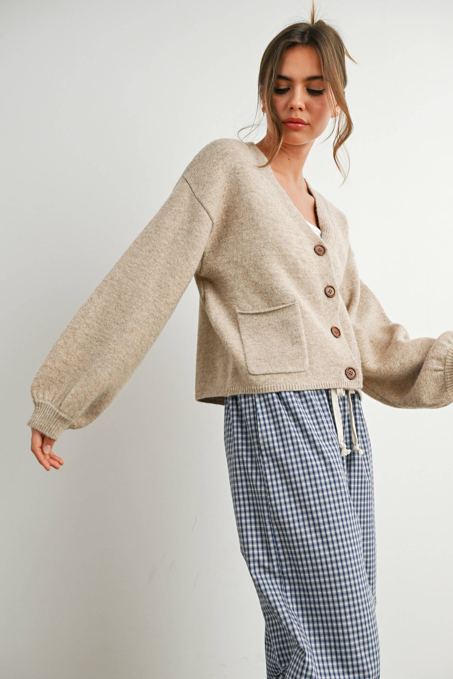 V-Neck Cuff Button-Up Long Sleeve Top