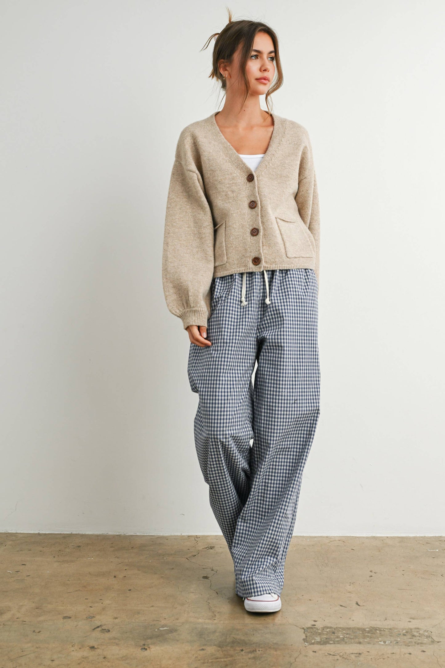 V-Neck Cuff Button-Up Long Sleeve Top