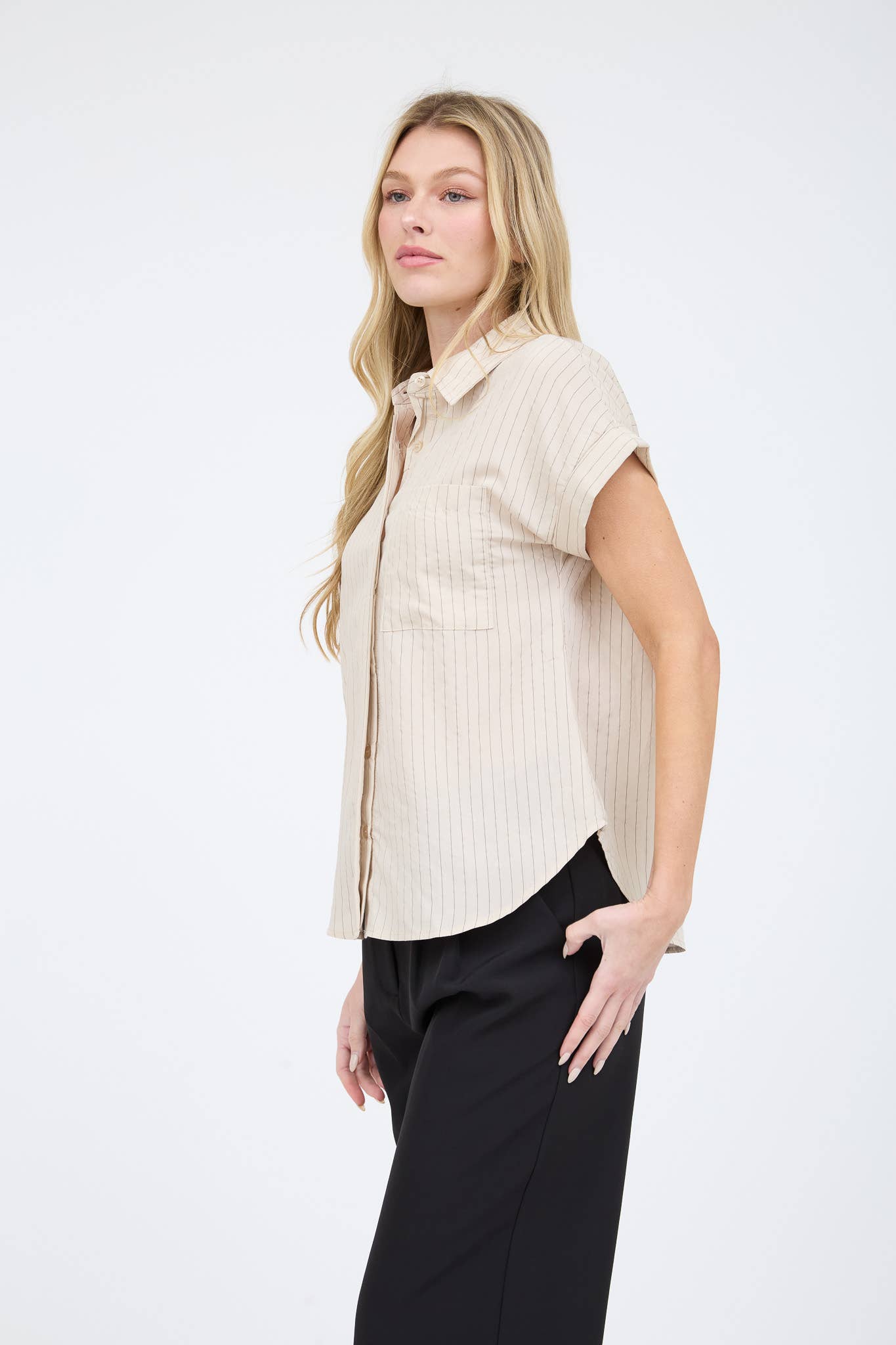 Lightweight Pinstripe Button-Down Top