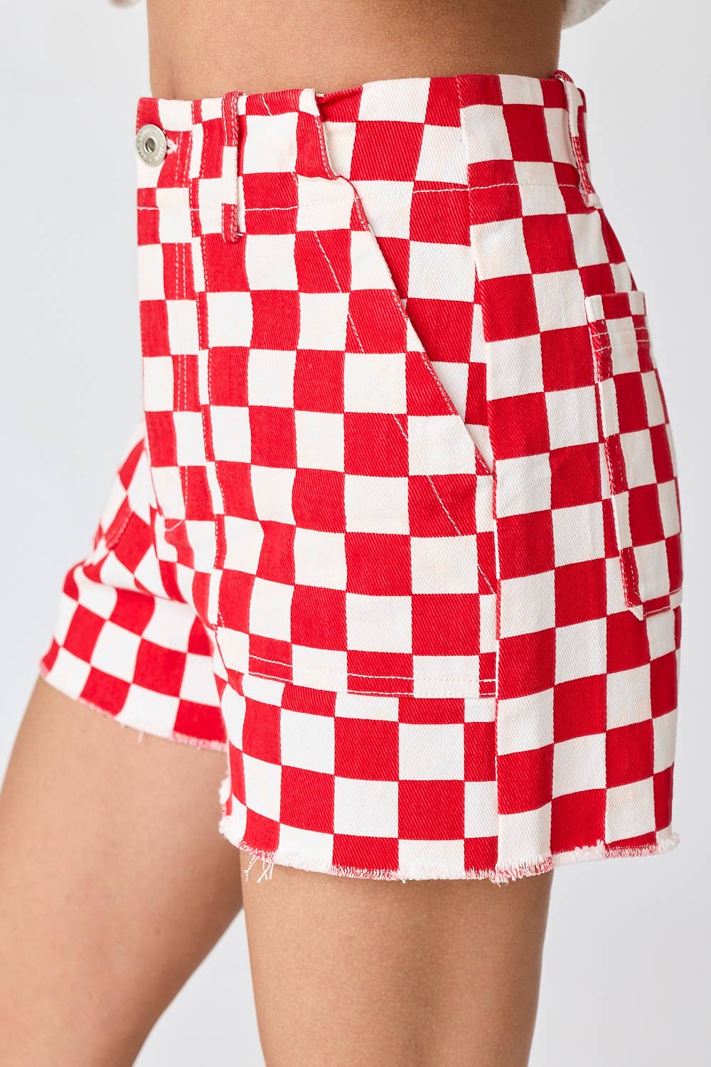 Red & White Checkerboard Frayed Hem Denim Shorts