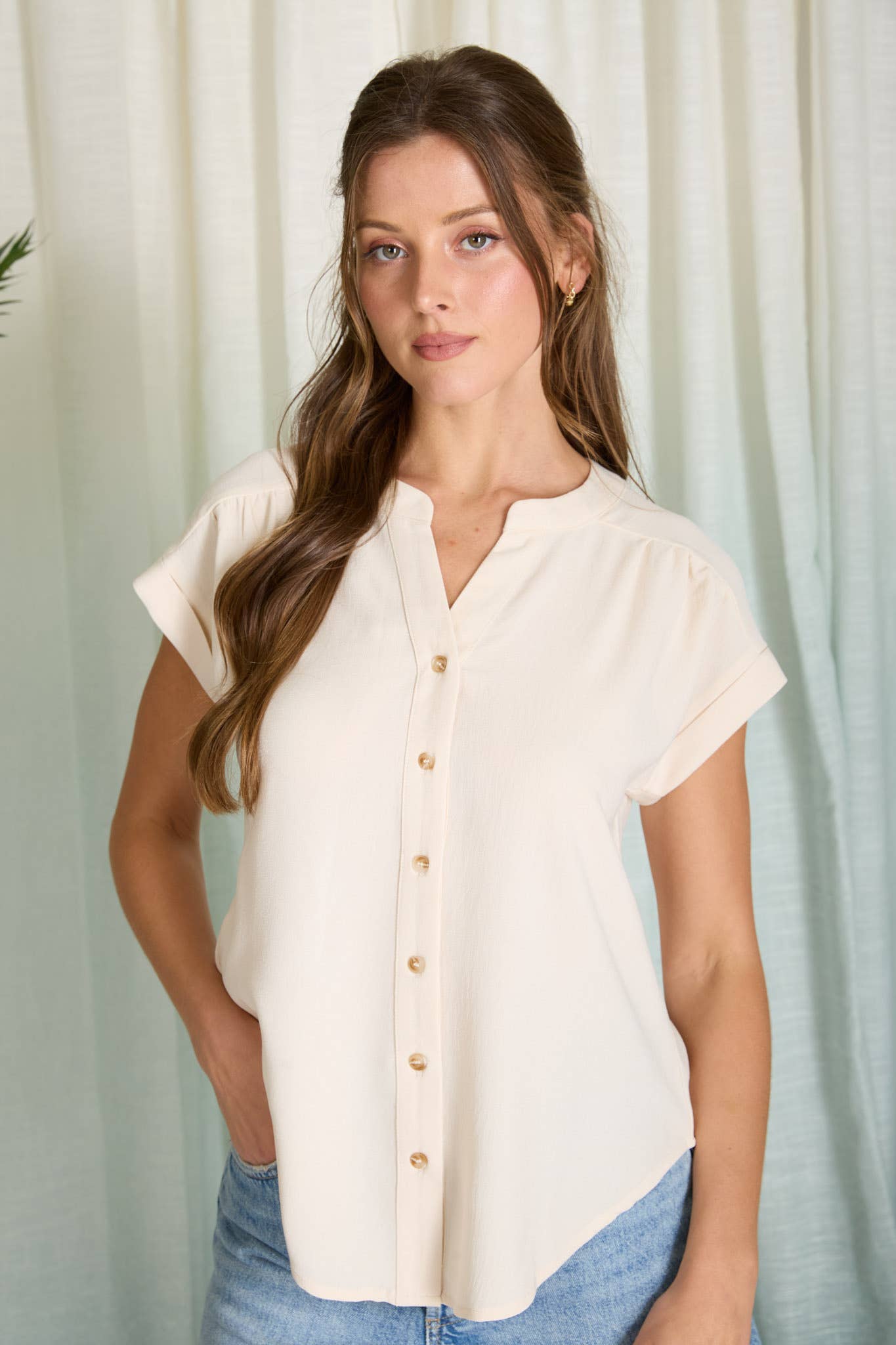 Split Neck Button Down Woven Top