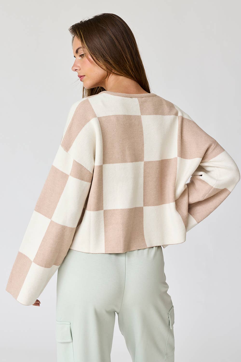 Sarah Round Neck Checkered LS Top