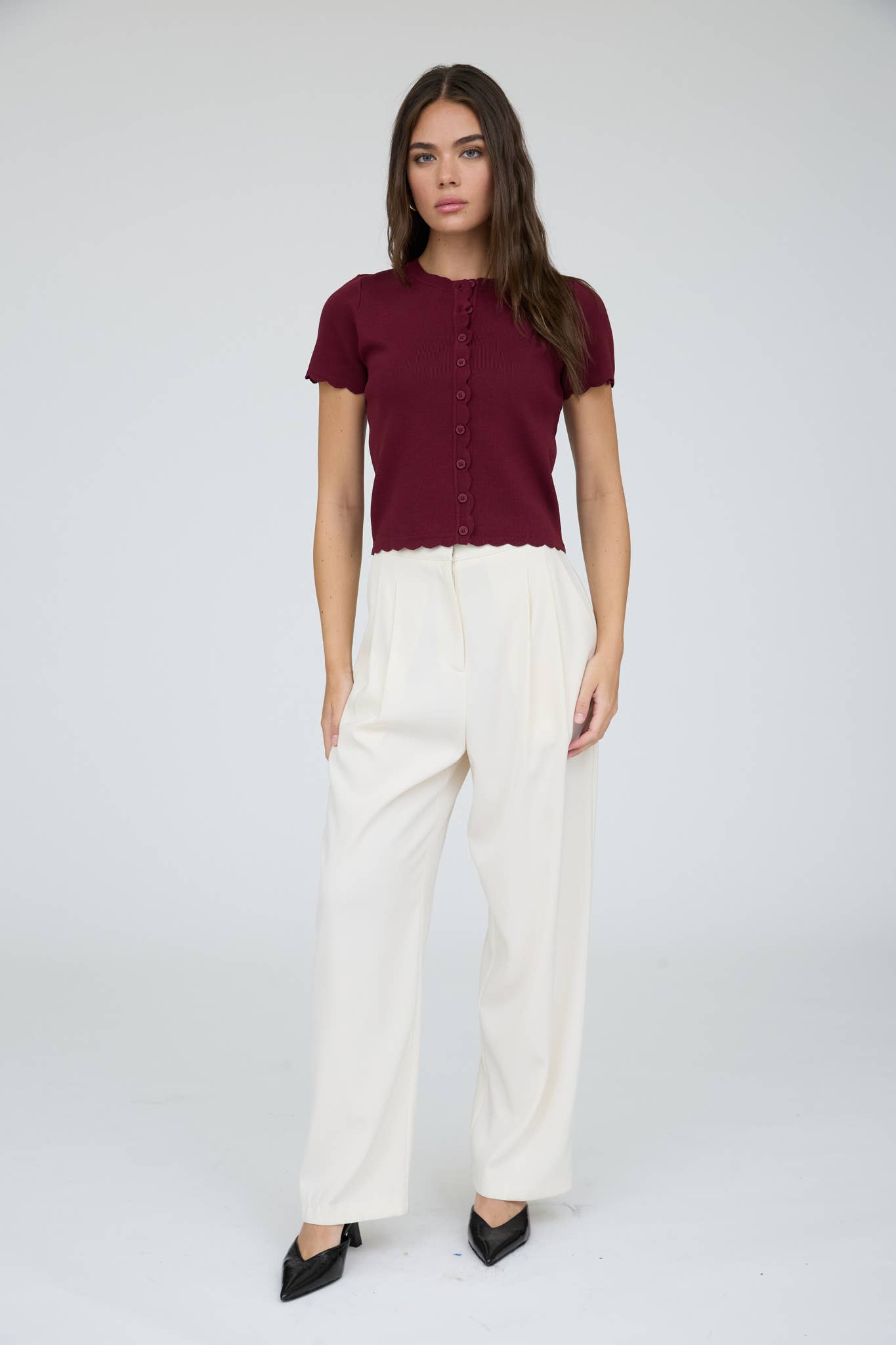Scallop Trim Button-Down Knit Cardigan