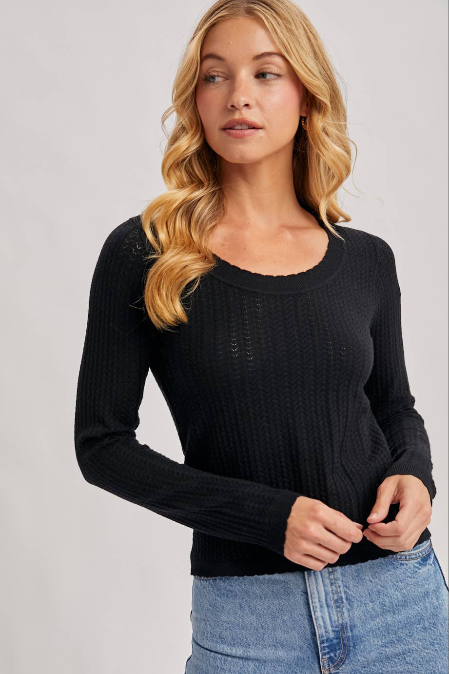 Long Sleeved Pointelle Knit Top