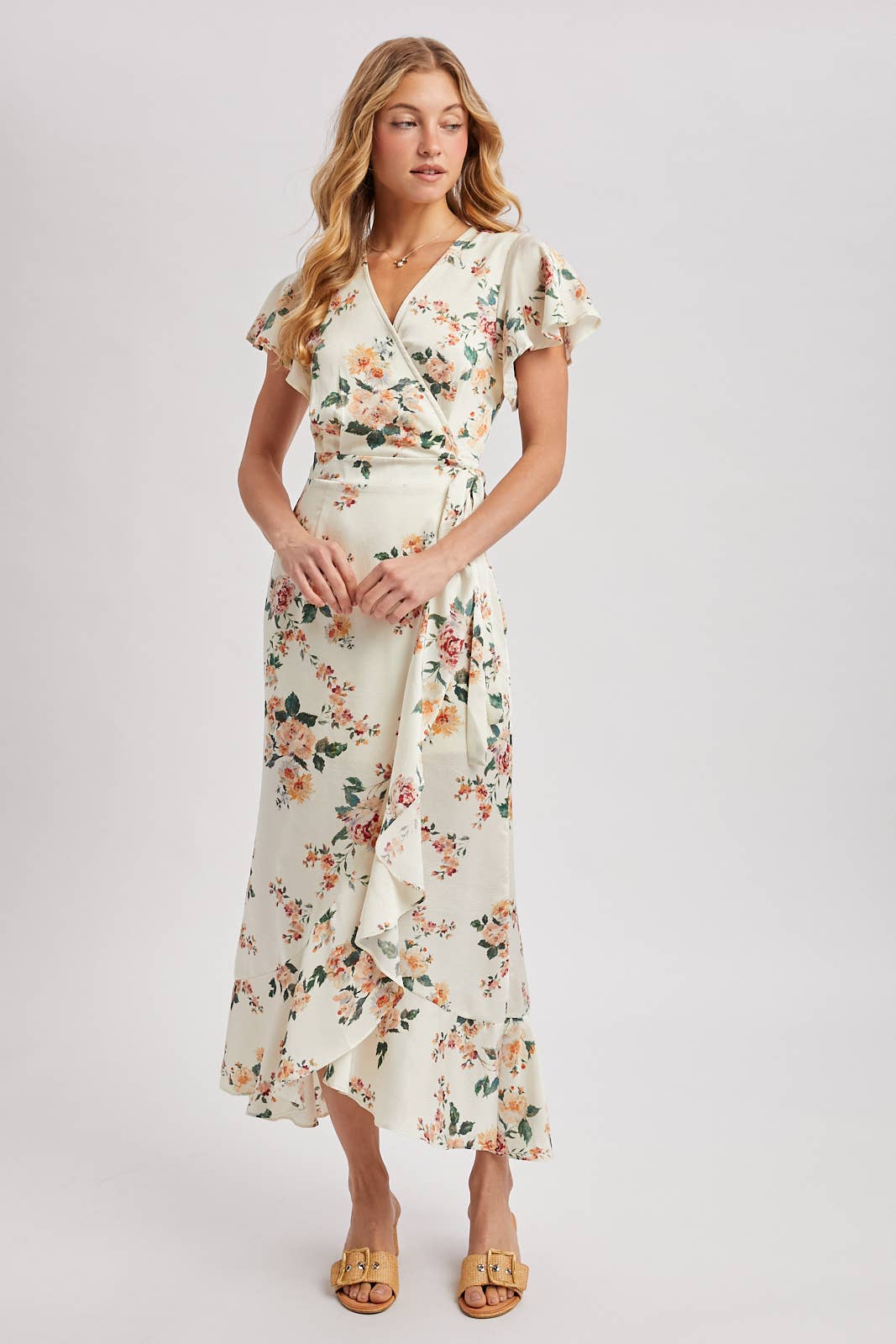 Floral Print Ruffled Wrap Maxi Dress