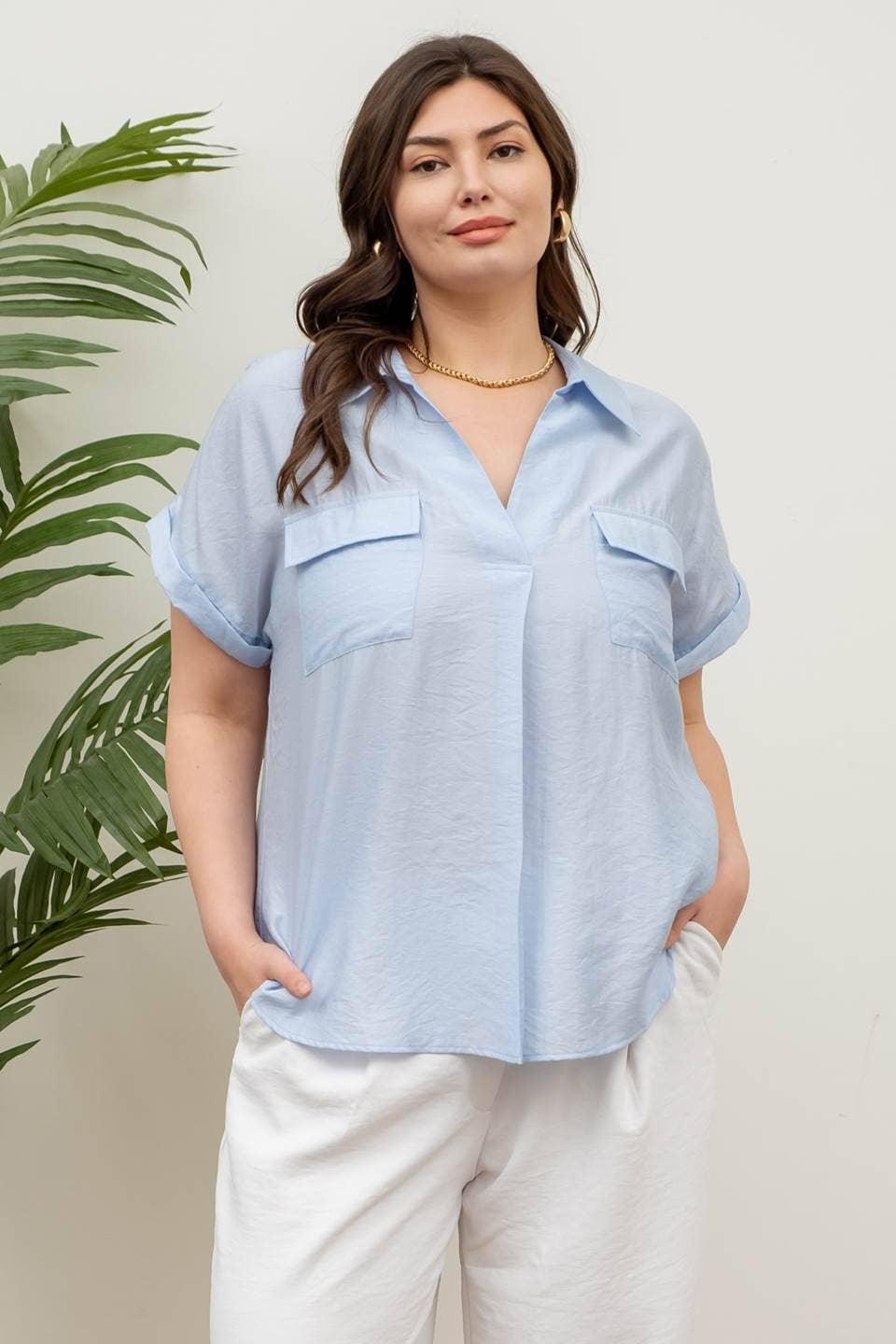 Plus Size Collared Split Neck Short Sleeve Shirt Top