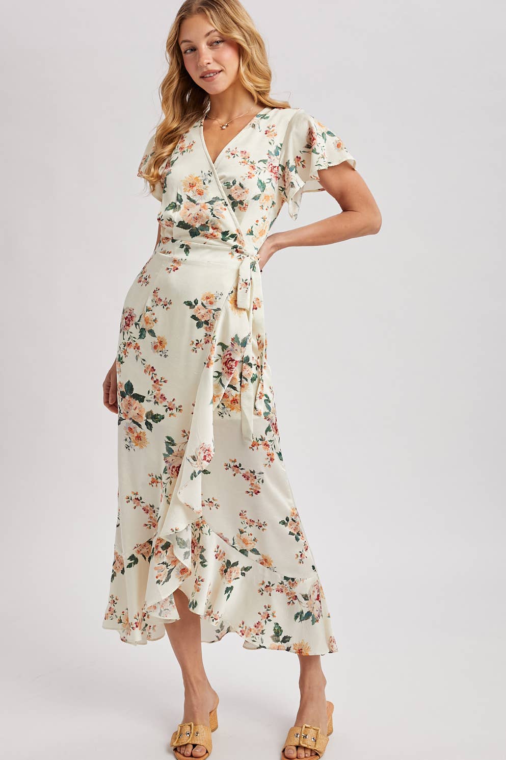 Floral Print Ruffled Wrap Maxi Dress