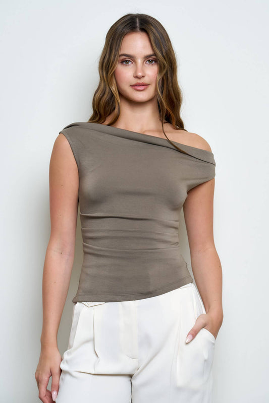 Olive Off-the-Shoulder Ruched Knit Top