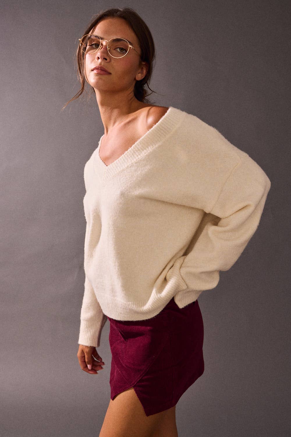 Brushed Knit V-Neck Long Sleeve Pullover