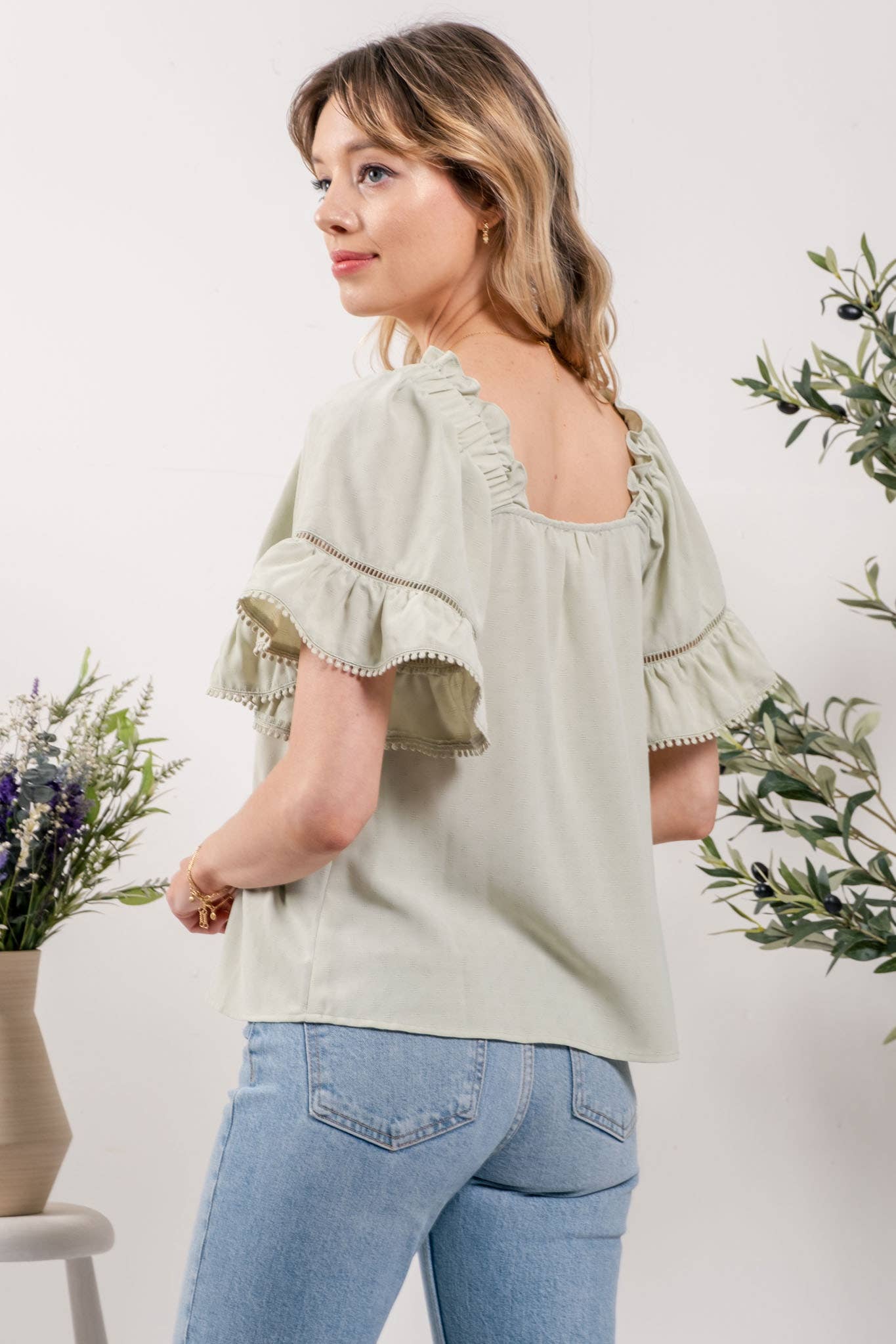 Pom Pom Ruffle Sleeve Blouse