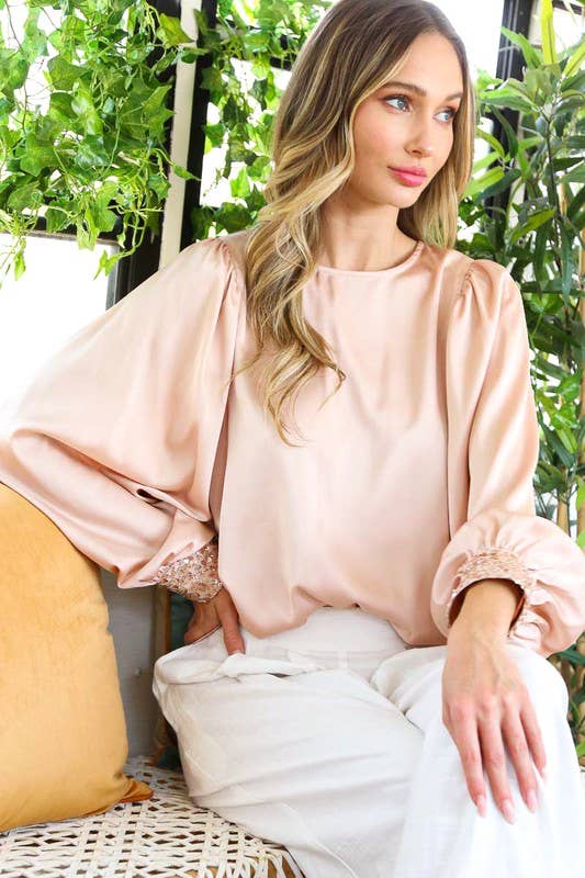 Sequin Cuff Accent Crew Neck Satin Blouse Top