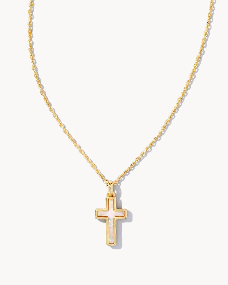 Cross Gold Pendant Necklace in White Kyocera Opal