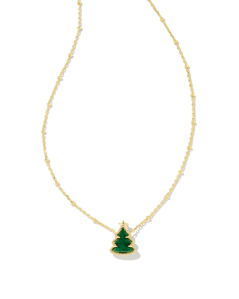 Holiday Tree Gold Short Pendant Necklace in Green Quartzite